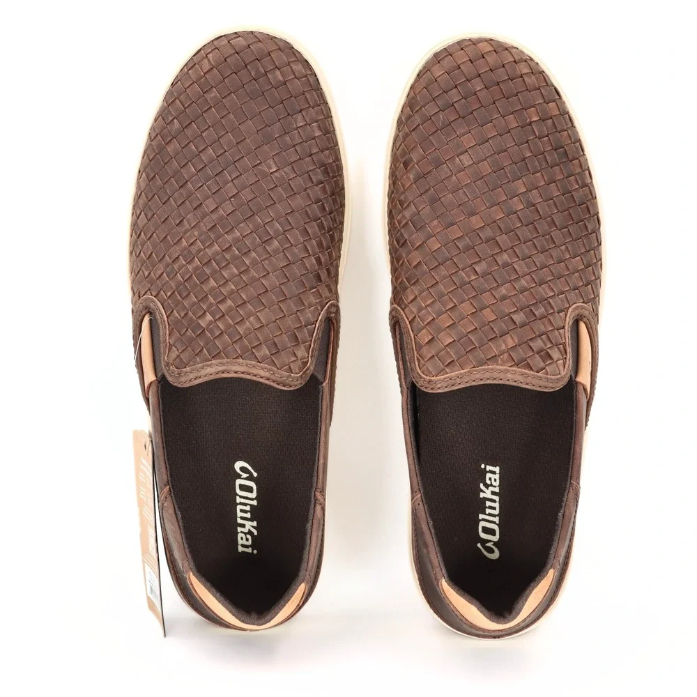 OluKai Lae'ahi Lauhala Mens 10.5 Dark Java Woven Leather Slip On Shoes NWT